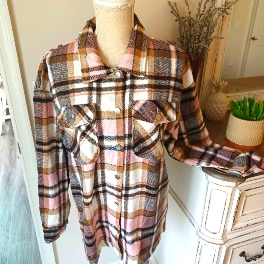 Plaid Button Down Shirt/Jacket (Flannel Pink and Brown Shacket) - Picture 3 of 4